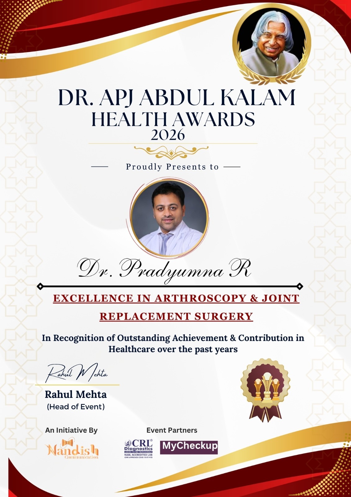 Dr. Pradyumna R recognised at the Dr. APJ Abdul Kalam Health Awards 2026