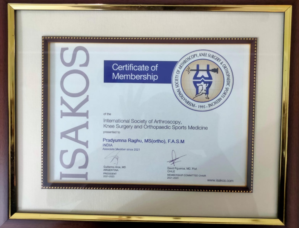 ISAKOS Certificate of Membership - Dr. Pradyumna Raghu