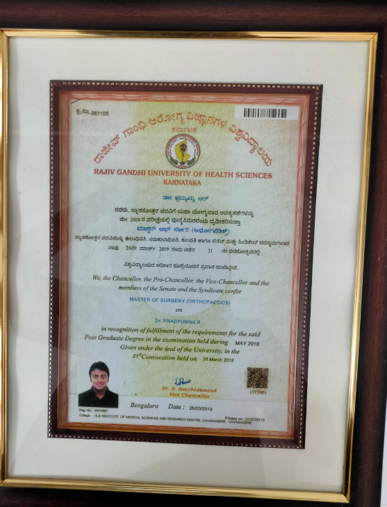 Rajiv Gandhi University of Health Sciences MS Orthopaedics Degree - Dr. Pradyumna R