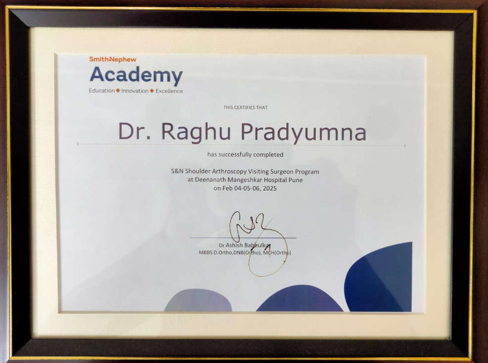 Smith+Nephew Shoulder Arthroscopy Visiting Surgeon Program Certificate - Dr. Pradyumna R