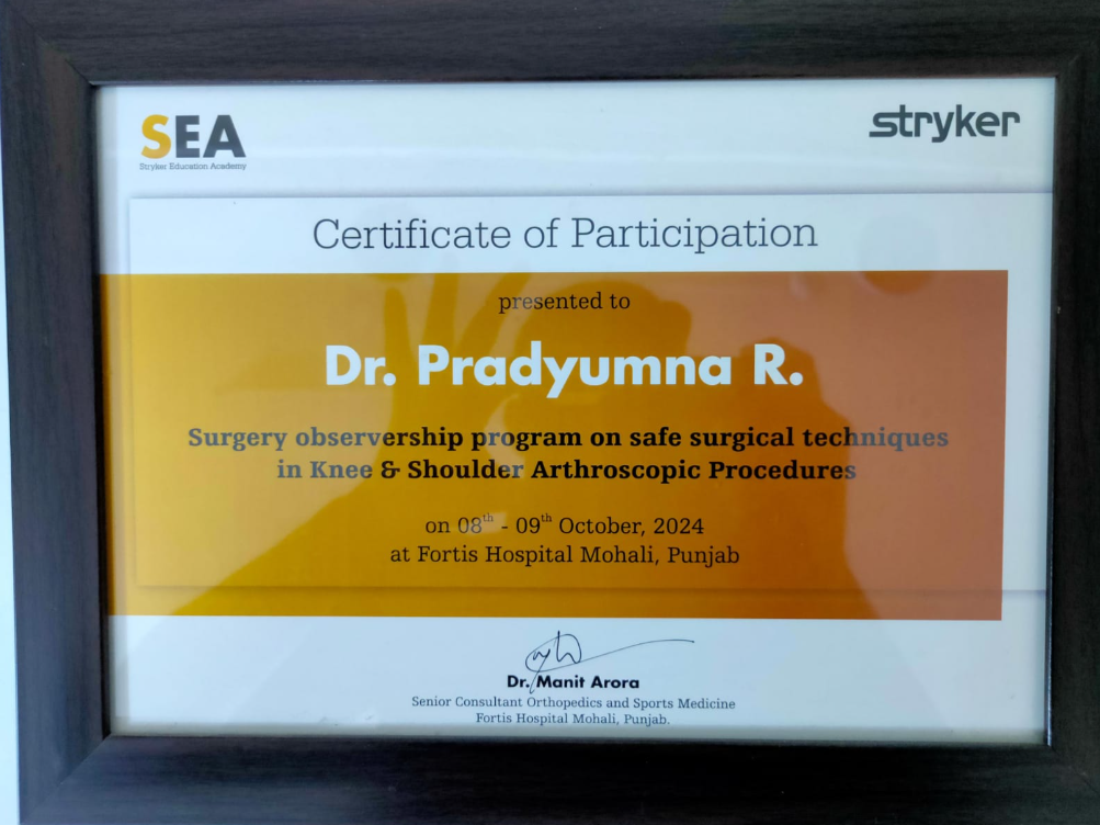 Stryker Education Academy Safe Surgical Techniques Certificate - Dr. Pradyumna R